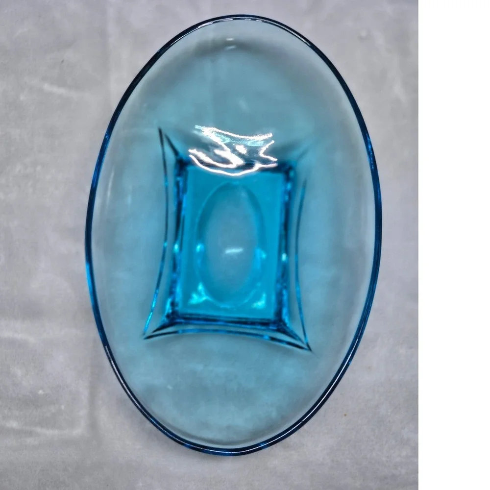 Vintage Hazel Atlas Capri Azure Blue Glass Oval Bowl MCM Colonial Footed Dish